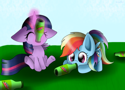 Size: 1024x737 | Tagged: safe, artist:envygirl95, derpibooru import, rainbow dash, twilight sparkle, twilight sparkle (alicorn), alicorn, pegasus, pony, bottle, chibi, drinking, duo, levitation, magic, mountain dew, telekinesis