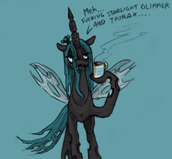 Size: 3317x3059 | Tagged: safe, artist:the-wag, queen chrysalis, changeling, changeling queen, to where and back again, coffee, morning ponies, solo, swearing, text, vulgar