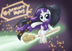 Size: 1400x1005 | Tagged: safe, artist:kaizenwerx, rarity, pony, unicorn, broom, flying, flying broomstick, hat, looking at you, magic, nightmare night, solo, sparkles, witch, witch hat