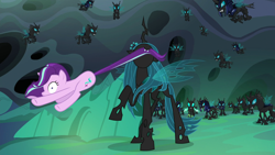 Size: 1920x1080 | Tagged: safe, screencap, queen chrysalis, starlight glimmer, thorax, changeling, changeling queen, pony, unicorn, to where and back again, changeling guard, female, tail, tail pull