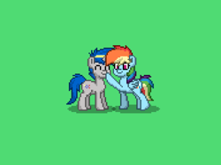 Size: 1816x1360 | Tagged: safe, derpibooru import, rainbow dash, oc, oc:dopami korpela, pegasus, pony, boop, canon x oc, dopadash, female, male, pixel art, pony town, shipping, simple background, smiley face, straight