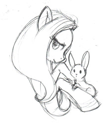 Size: 1096x1243 | Tagged: safe, artist:capcauna, angel bunny, fluttershy, pegasus, pony, rabbit, animal, bust, duo, female, grayscale, looking at you, mare, monochrome, pencil drawing, profile, sketch, traditional art