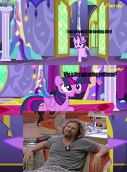 Size: 854x1152 | Tagged: safe, screencap, starlight glimmer, twilight sparkle, twilight sparkle (alicorn), alicorn, pony, unicorn, no second prances, female, image macro, jeff bridges, mare, meme, the big lebowski, the dude