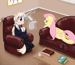 Size: 1197x1036 | Tagged: safe, artist:hollowzero, fluttershy, oc, oc:pearly gates, alicorn, pegasus, pony, alicorn oc, crying, quill, sofa, therapist