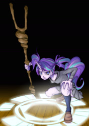 Size: 1000x1416 | Tagged: safe, artist:ddd1983, starlight glimmer, human, angry, child, corrupted, crying, horned humanization, humanized, looking at you, magic, pigtails, pony coloring, s5 starlight, solo, staff, staff of sameness, tailed humanization, younger