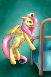 Size: 900x1350 | Tagged: safe, artist:tzelly-el, fluttershy, pegasus, pony, bed, bipedal leaning, costume, nurse