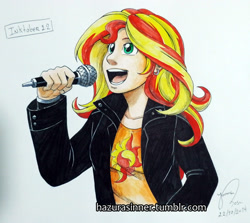 Size: 739x660 | Tagged: safe, artist:hazurasinner, sunset shimmer, human, equestria girls, rainbow rocks, female, humanized, microphone, solo, traditional art, welcome to the show