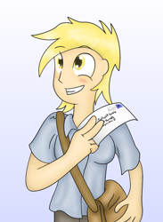 Size: 1000x1366 | Tagged: safe, artist:041744, derpy hooves, blonde hair, clothes, female, humanized, smiling, solo