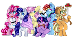 Size: 2161x1125 | Tagged: safe, artist:sonica98, derpibooru import, applejack, fluttershy, pinkie pie, rainbow dash, rarity, twilight sparkle, earth pony, pegasus, pony, semi-anthro, unicorn, apple, bipedal, book, clothes, dress, food, lasso, mane six, rope, simple background, sitting, sunglasses, tongue out, transparent background