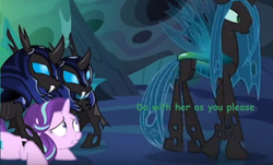 Size: 696x421 | Tagged: safe, edit, edited screencap, screencap, queen chrysalis, starlight glimmer, changeling, changeling queen, pony, unicorn, to where and back again, changeling guard, female, image macro, mare, meme, restrained