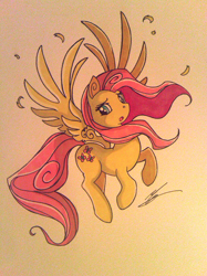 Size: 500x667 | Tagged: dead source, safe, artist:science fox, fluttershy, pegasus, pony, feather, flying, solo, traditional art