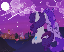 Size: 1147x926 | Tagged: safe, artist:ryunwoofie, rarity, oc, oc:kydose, firefly (insect), pegasus, pony, unicorn, canon x oc, city, cityscape, cloud, female, male, mare, moon, night, overlooking, ponyville, raridose, romantic, shooting star, stallion, stars