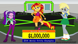 Size: 1500x844 | Tagged: safe, artist:imperfectxiii, artist:katequantum, artist:theshadowstone, aria blaze, derpy hooves, sunset shimmer, equestria girls, rainbow rocks, duel, game show, millionaire, sleeveless