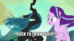 Size: 800x450 | Tagged: safe, edit, edited screencap, screencap, queen chrysalis, starlight glimmer, changeling, changeling queen, pony, unicorn, to where and back again, caption, female, former queen chrysalis, meme, vulgar