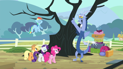 Size: 1920x1080 | Tagged: safe, derpibooru import, screencap, applejack, discord, pinkie pie, rainbow dash, rarity, earth pony, pegasus, pony, unicorn, three's a crowd, blue flu, tree