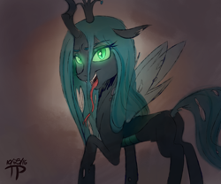 Size: 1440x1200 | Tagged: safe, artist:thethunderpony, edit, queen chrysalis, changeling, changeling queen, bedroom eyes, fangs, female, glowing eyes, lidded eyes, long tongue, open mouth, quadrupedal, solo, tongue out