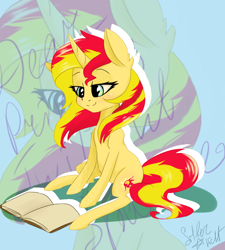 Size: 900x1000 | Tagged: safe, artist:silbersternenlicht, sunset shimmer, pony, unicorn, book, sitting, solo