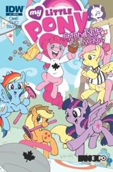 Size: 421x639 | Tagged: safe, artist:katiecandraw, derpibooru import, idw, applejack, fluttershy, pinkie pie, rainbow dash, rarity, twilight sparkle, twilight sparkle (alicorn), alicorn, earth pony, pegasus, pony, unicorn, canada, cover, curling, fan expo, female, mane six, mare, poutine, timbits