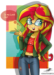 Size: 881x1212 | Tagged: safe, artist:the-butch-x, sunset shimmer, equestria girls, adorkable, belly button, blushing, clothes, cute, dork, female, glasses, hipster, looking at you, midriff, open mouth, pants, shimmerbetes, shorts, signature, smiling, solo, thought bubble