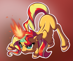 Size: 787x659 | Tagged: safe, artist:tami-kitten, sunset shimmer, pony, unicorn, action pose, blank flank, fiery shimmer, fire, magic, pyromancy, simple background, solo, unshorn fetlocks