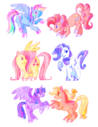 Size: 1432x1868 | Tagged: safe, artist:lionsca, derpibooru import, applejack, fluttershy, pinkie pie, rainbow dash, rarity, twilight sparkle, twilight sparkle (alicorn), alicorn, earth pony, pegasus, pony, unicorn, female, mane six, mare, rearing, simple background, white background