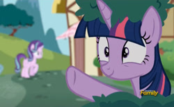 Size: 862x532 | Tagged: safe, screencap, starlight glimmer, twilight sparkle, twilight sparkle (alicorn), alicorn, pony, no second prances, discovery family logo, female, mare, raised hoof