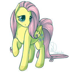 Size: 720x720 | Tagged: safe, artist:nikohl, fluttershy, pegasus, pony, female, folded wings, head turn, looking at you, mare, raised hoof, simple background, solo, standing, three quarter view, white background, wings