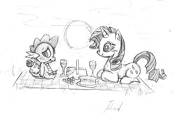 Size: 1024x673 | Tagged: safe, artist:talonsword, rarity, spike, dragon, pony, unicorn, blushing, female, interspecies, male, picnic, rose, shipping, sketch, sparity, straight
