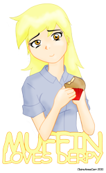 Size: 1472x2403 | Tagged: safe, artist:claireannecarr, derpy hooves, blonde hair, clothes, female, humanized, muffin, solo