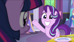 Size: 510x288 | Tagged: safe, screencap, starlight glimmer, twilight sparkle, twilight sparkle (alicorn), alicorn, pony, unicorn, no second prances, cute, discovery family logo, female, glimmerbetes, looking at each other, mare, raised hoof