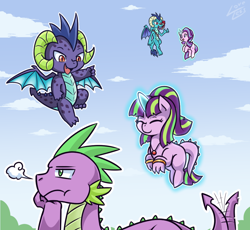Size: 1086x1000 | Tagged: safe, artist:vavacung, princess ember, spike, starlight glimmer, oc, oc:burning star, oc:charcoal, dracony, dragon, hybrid, pony, unicorn, gauntlet of fire, adult spike, emberspike, eyes closed, female, flying, half-siblings, hilarious in hindsight, interspecies offspring, jealous, levitation, magic, male, offspring, older, ot3, parent:princess ember, parent:spike, parent:starlight glimmer, parents:emberspike, parents:sparlight, polyamory, prone, shipping, smiling, snorting, sparlight, spike can't fly, spike gets all the girls, spike gets all the mares, straight, tail wag, telekinesis, unamused