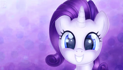 Size: 1280x728 | Tagged: dead source, safe, artist:hatecreation, rarity, pony, unicorn, abstract background, bust, cute, female, grin, happy, looking at you, mare, portrait, smiling, solo