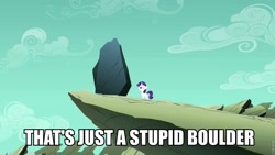 Size: 960x540 | Tagged: safe, edit, edited screencap, screencap, rarity, pony, unicorn, the cutie mark chronicles, blank flank, boulder, female, filly, filly rarity, image macro, pizza delivery, rock, solo, spongebob squarepants, younger