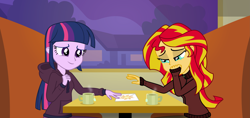 Size: 5067x2400 | Tagged: safe, artist:skycatcherequestria, sunset shimmer, twilight sparkle, twilight sparkle (alicorn), alicorn, equestria girls, absurd resolution, clothes, crying, feels, hoodie, letter, sunsad shimmer, sweater, table, tea, window