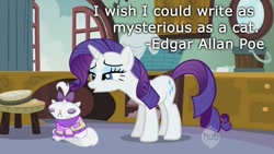 Size: 800x450 | Tagged: safe, artist:wisdomhoof, edit, edited screencap, screencap, opalescence, rarity, pony, unicorn, sisterhooves social, clothes, duo, edgar allan poe, hub logo, quote, sweater, text