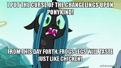 Size: 800x450 | Tagged: safe, edit, edited screencap, screencap, queen chrysalis, changeling, changeling queen, to where and back again, dave the barbarian, female, image macro, meme, solo