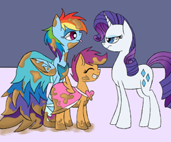 Size: 1024x853 | Tagged: safe, artist:yourfavoritelove, derpibooru import, rainbow dash, rarity, scootaloo, pegasus, pony, unicorn, annoyed, clothes, continue, dirty, dress, eyes closed, female, filly, mare, messy, mud, picture perfect pony, pretty, rainbow dash always dresses in style, tongue out