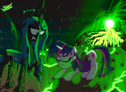 Size: 1024x745 | Tagged: safe, artist:ringteam, queen chrysalis, twilight sparkle, twilight sparkle (alicorn), alicorn, changeling, changeling queen, pony, betrayal, bowing, volcano