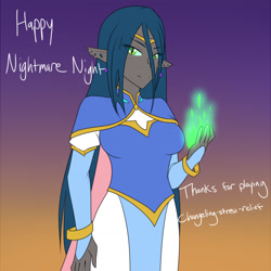 Size: 1280x1280 | Tagged: safe, artist:jonfawkes, queen chrysalis, human, series:nightmare war, breasts, clothes, costume, dark skin, elf ears, female, humanized, magic, princess allura, queen chrysaltits, slit eyes, solo, voltron, voltron legendary defender