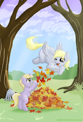 Size: 1200x1750 | Tagged: safe, artist:muffinshire, derpy hooves, dinky hooves, pegasus, pony, unicorn, autumn, duo, equestria's best mother, happy, leaves, rake, smiling