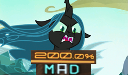 Size: 767x450 | Tagged: safe, edit, edited screencap, editor:watermelon changeling, screencap, queen chrysalis, changeling, changeling queen, to where and back again, 200% mad, angry, caption, expand dong, exploitable meme, faic, female, former queen chrysalis, image macro, meme, solo