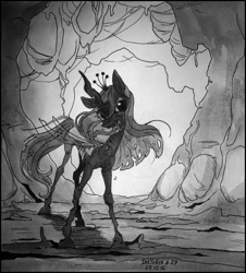 Size: 828x917 | Tagged: safe, artist:natanatfan, queen chrysalis, changeling, changeling queen, female, inktober, inktober 2016, long tongue, looking at you, monochrome, solo, tongue out, traditional art