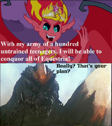 Size: 958x1078 | Tagged: safe, edit, edited screencap, screencap, sunset satan, sunset shimmer, kaiju, equestria girls, equestria girls (movie), godzilla (series), read in beast wars megatron's voice, spacegodzilla, sunset's terrible plan