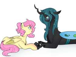 Size: 1024x768 | Tagged: safe, artist:howlingatthemoon654, artist:soft-arthropod, fluttershy, queen chrysalis, changeling, changeling queen, pegasus, pony, alternate hairstyle, beautiful, blushing, chrysashy, crack shipping, cute, cutealis, eye contact, female, hoof hold, lesbian, looking at each other, mare, open mouth, shipping, shyabetes, simple background, white background