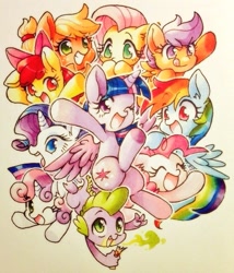 Size: 783x914 | Tagged: safe, artist:shitamachimura, derpibooru import, apple bloom, applejack, fluttershy, pinkie pie, rainbow dash, rarity, scootaloo, spike, sweetie belle, twilight sparkle, twilight sparkle (alicorn), alicorn, dragon, earth pony, pegasus, pony, unicorn, action poster, cute, cutie mark crusaders, female, mane seven, mane six, mare, pixiv, traditional art