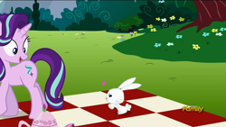 Size: 1920x1080 | Tagged: safe, screencap, angel bunny, starlight glimmer, pony, unicorn, no second prances, discovery family logo, female, heart, interspecies, male, out of context, shipping, starbunny, straight