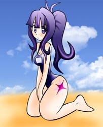 Size: 1966x2424 | Tagged: safe, artist:lucky-jj, derpibooru import, twilight sparkle, barefoot, beach, clothes, feet, humanized, one-piece swimsuit, school swimsuit, swimsuit