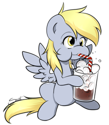 Size: 787x903 | Tagged: safe, artist:secret-pony, derpy hooves, pegasus, pony, blowing bubbles, cute, derpabetes, female, ice cream soda, mare, root beer float, solo