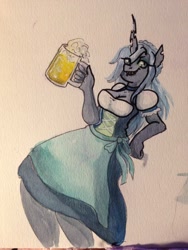 Size: 960x1280 | Tagged: safe, artist:whale, queen chrysalis, anthro, changeling, changeling queen, alcohol, beer, beer stein, clothes, dirndl, dress, leaning, solo, traditional art, watercolor painting