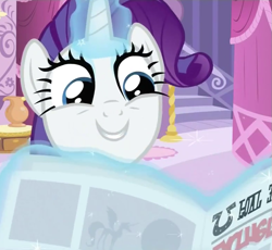 Size: 781x720 | Tagged: safe, screencap, rarity, pony, unicorn, ponyville confidential, carousel boutique, cropped, glowing horn, horn, magic, magic aura, newspaper, smiling